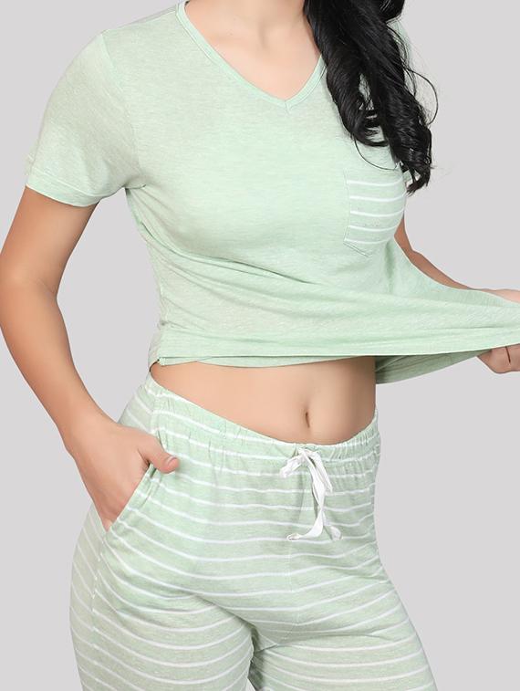 green striped printed detailed top & pyjama set - 20962107 - Standard Image - 3