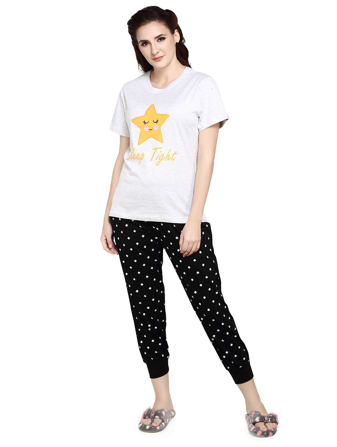 women white printed detailed top & pyjama set