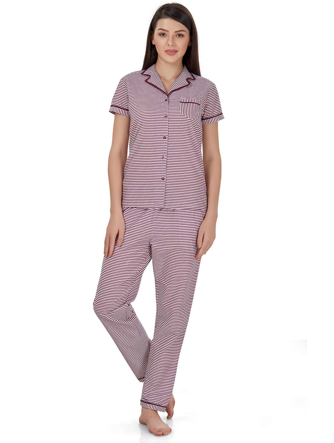 women lapel neck printed stripes nightwear set