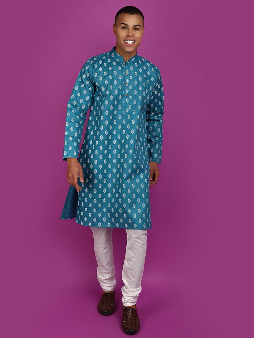 men blue printed detailed kurta & pyjama set