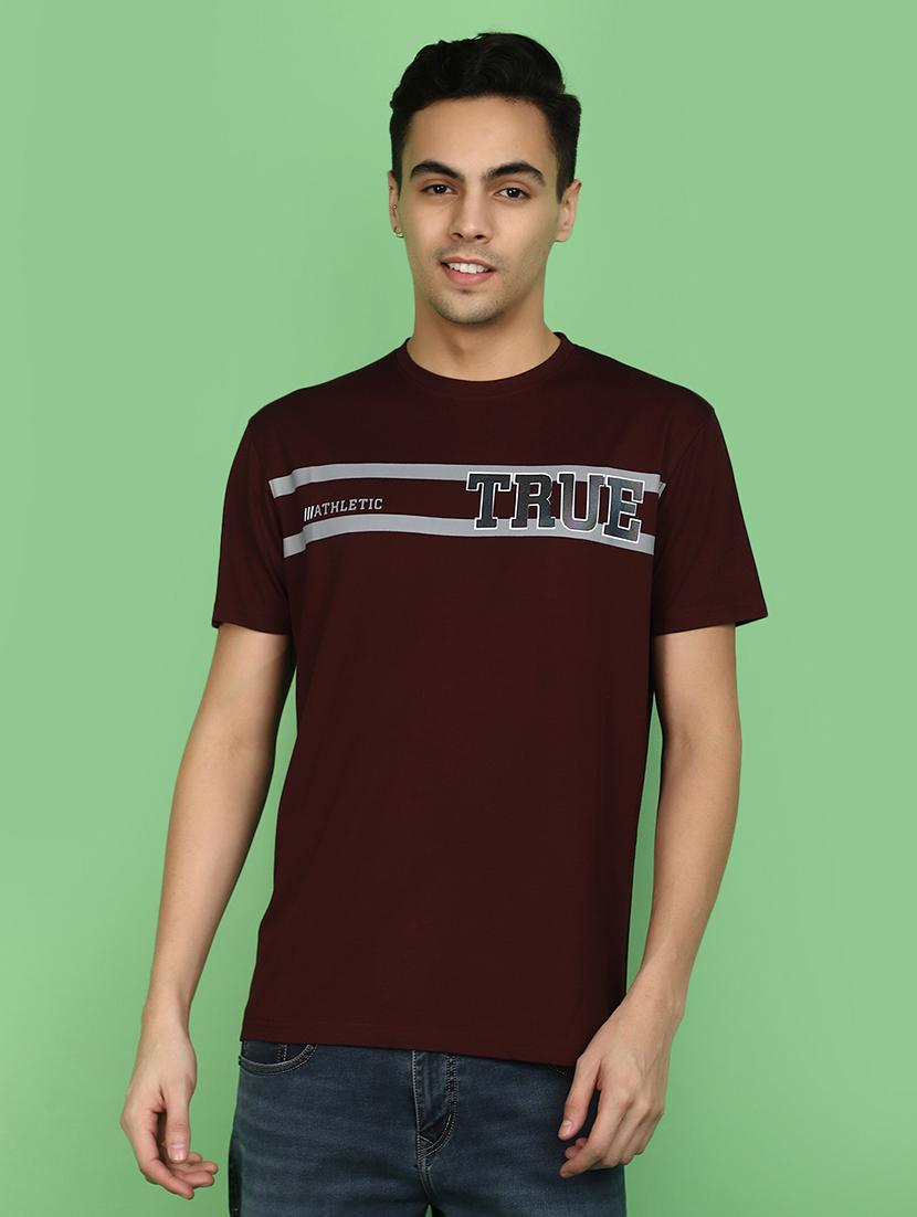 maroon cotton blend chest print tshirt - 20962466 - Zoom Image - 0