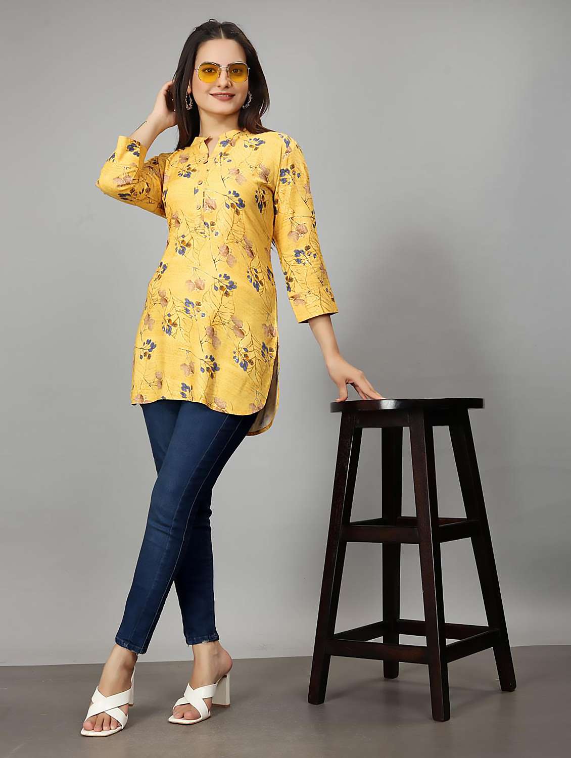 women yellow mandarin neck straight kurti