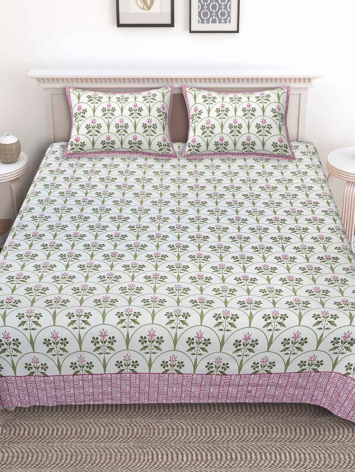 texstylers cotton floral print jaipuri 90 x100 inches queen size bedsheet with 2 pillow covers - 20962787 - Zoom Image - 0