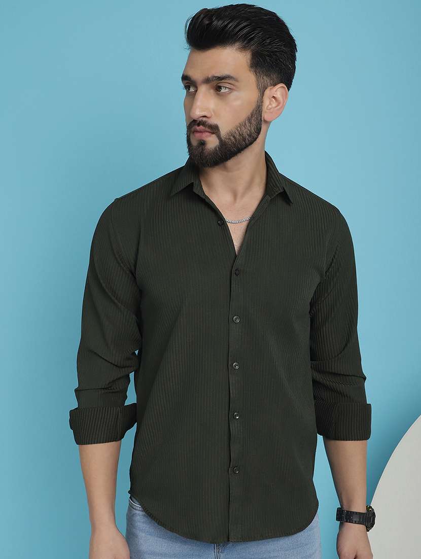 men olive stripes casual shirt - 20962813 -  Zoom Image - 0