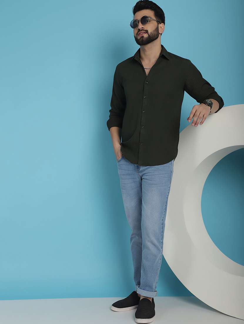men olive stripes casual shirt - 20962813 - Standard Image - 3
