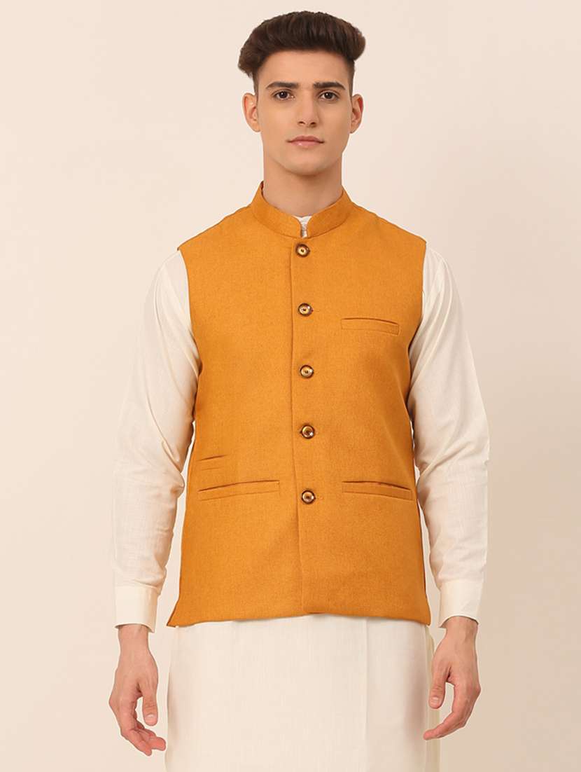 men solid sleeveless regular fit nehru jacket