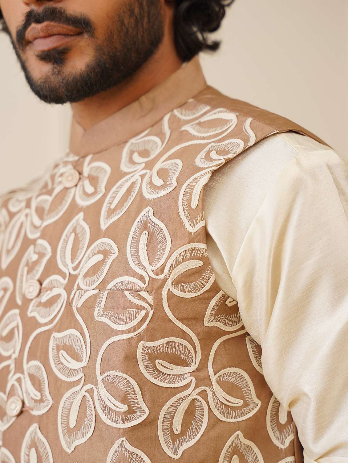 men solid with work sleeveless regular fit nehru jacket - 20963819 -  Standard Image - 5