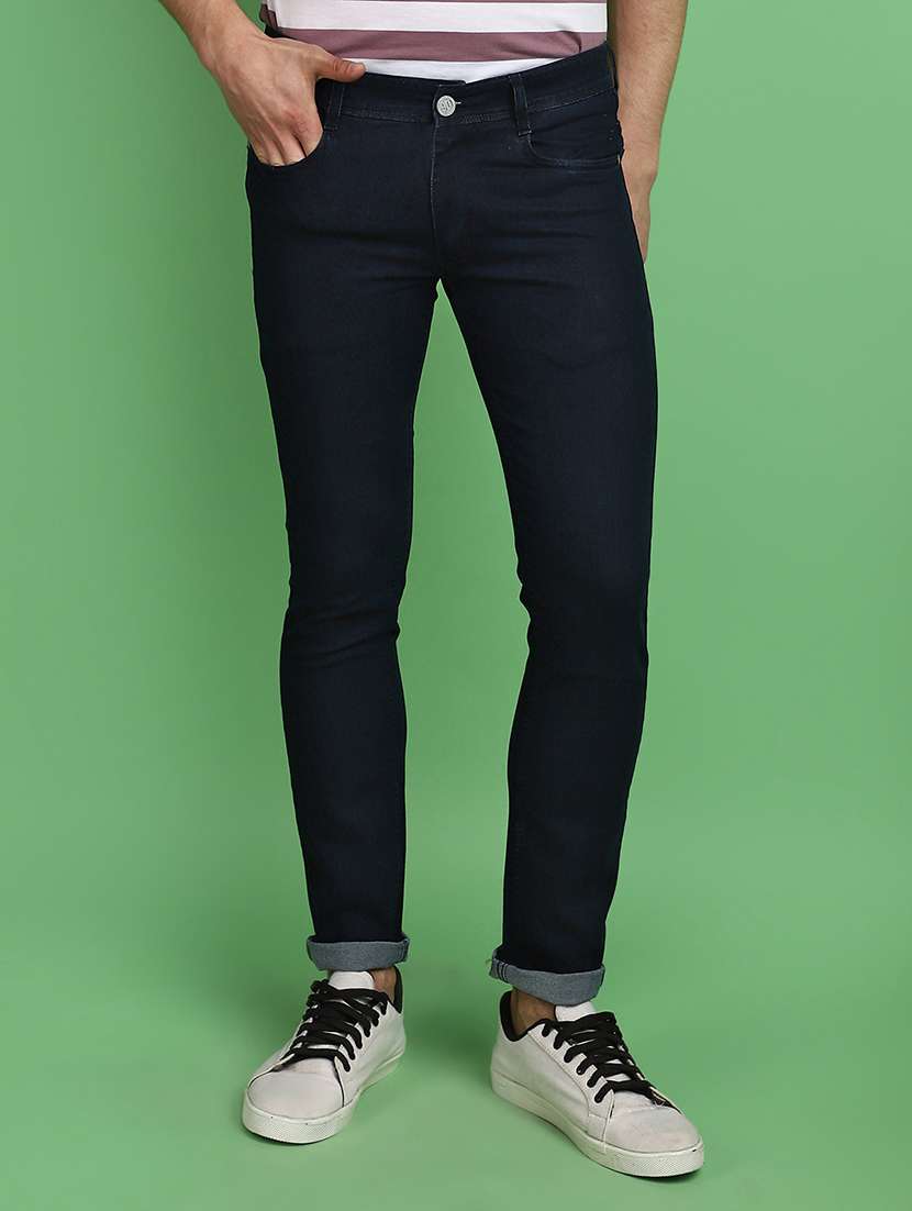 men solid navy blue skinny fit jeans