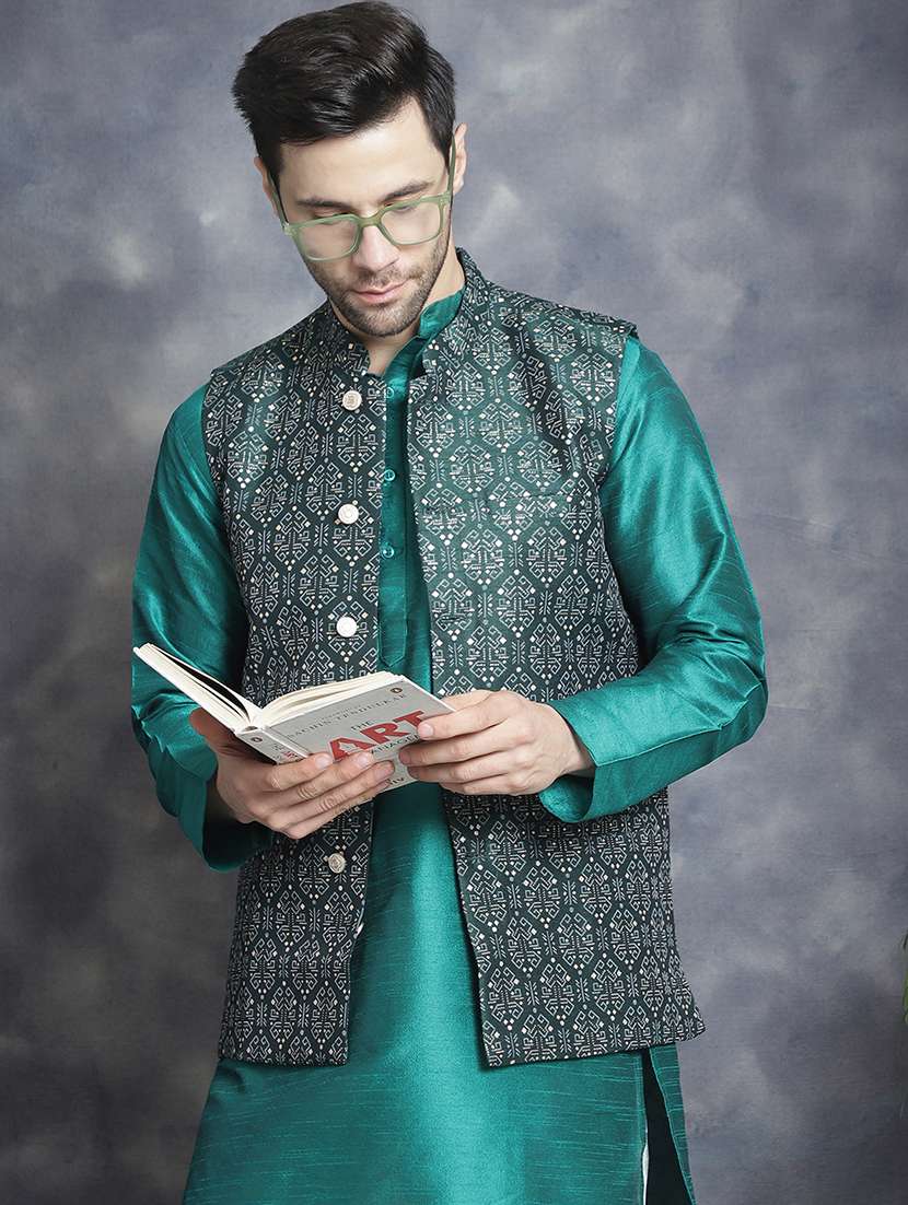 men full sleeve kurta pyjama with jacket ethnic wear set - 20965404 -  Standard Image - 3