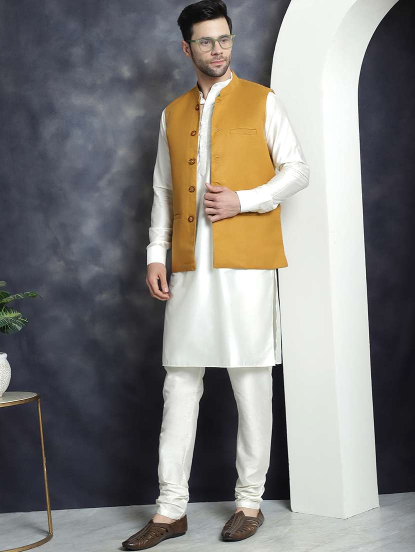 men full sleeve kurta pyjama with jacket ethnic wear set