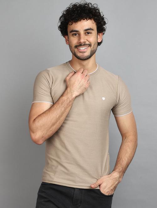 khaki cotton blend solid t-shirt - 20965846 -  Standard Image - 0