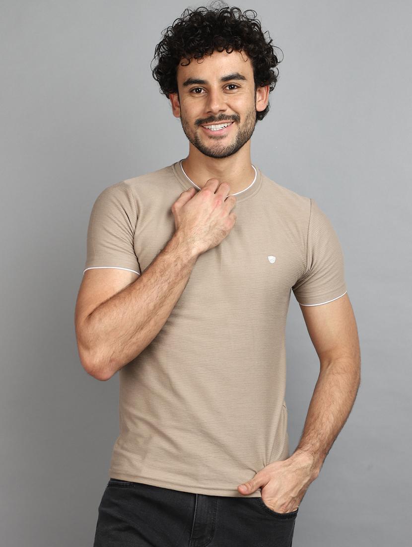 khaki cotton blend solid t-shirt - 20965846 -  Zoom Image - 0