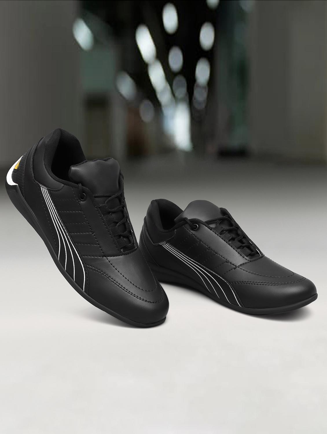black synthetic lace up sneakers