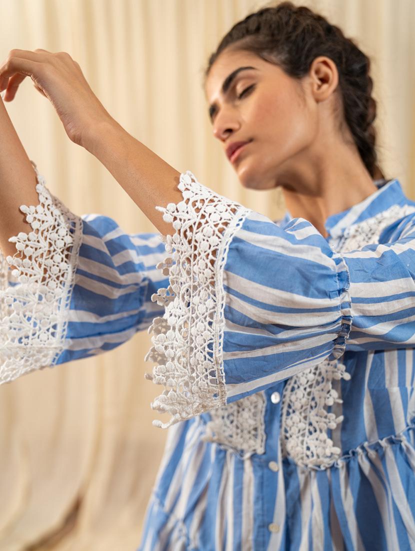 women blue mandarin neck tiered dress - 20966077 - Standard Image - 3