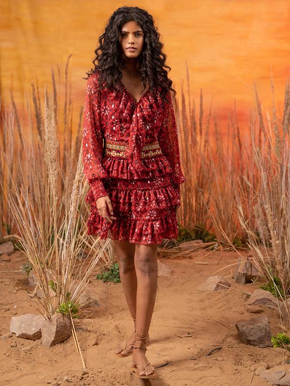 women red printed layered dress