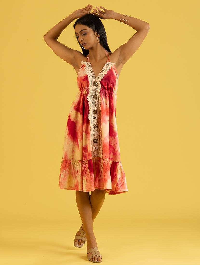 women pink v neck fit & flare dress - 20966100 -  Zoom Image - 0