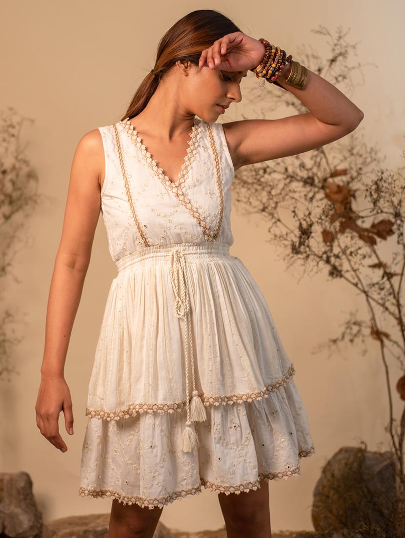 women off-white v neck fit & flare dress - 20966110 - Standard Image - 3