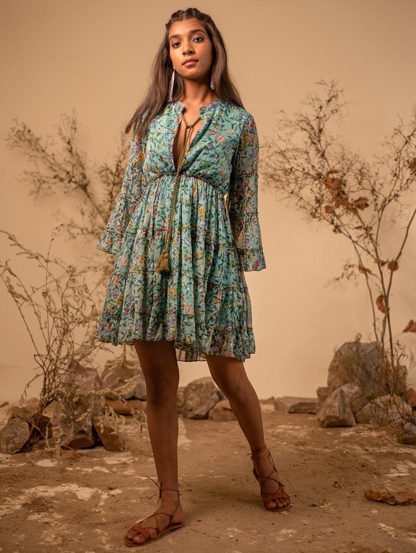 green floral printed tiered detailed dress