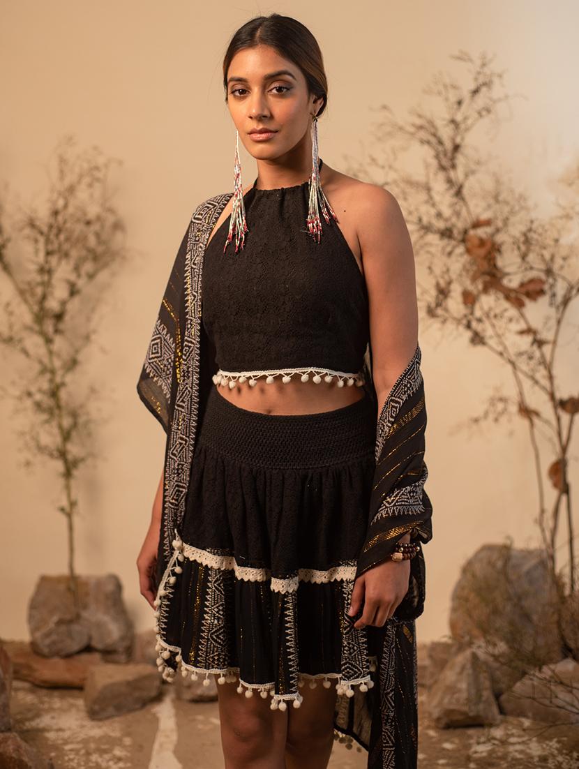 black self design detailed top & skirt with jacket set - 20966155 - Standard Image - 3