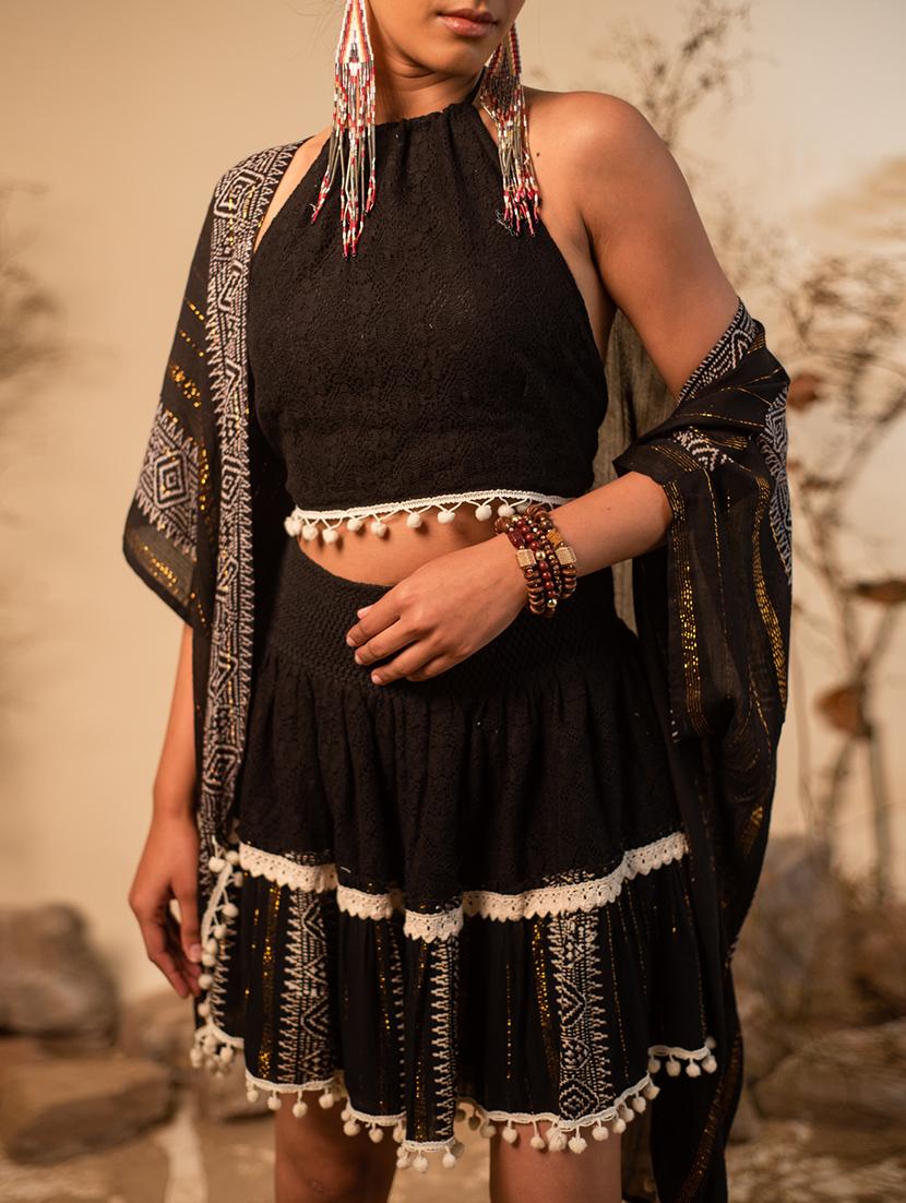 black self design detailed top & skirt with jacket set - 20966155 - Standard Image - 5