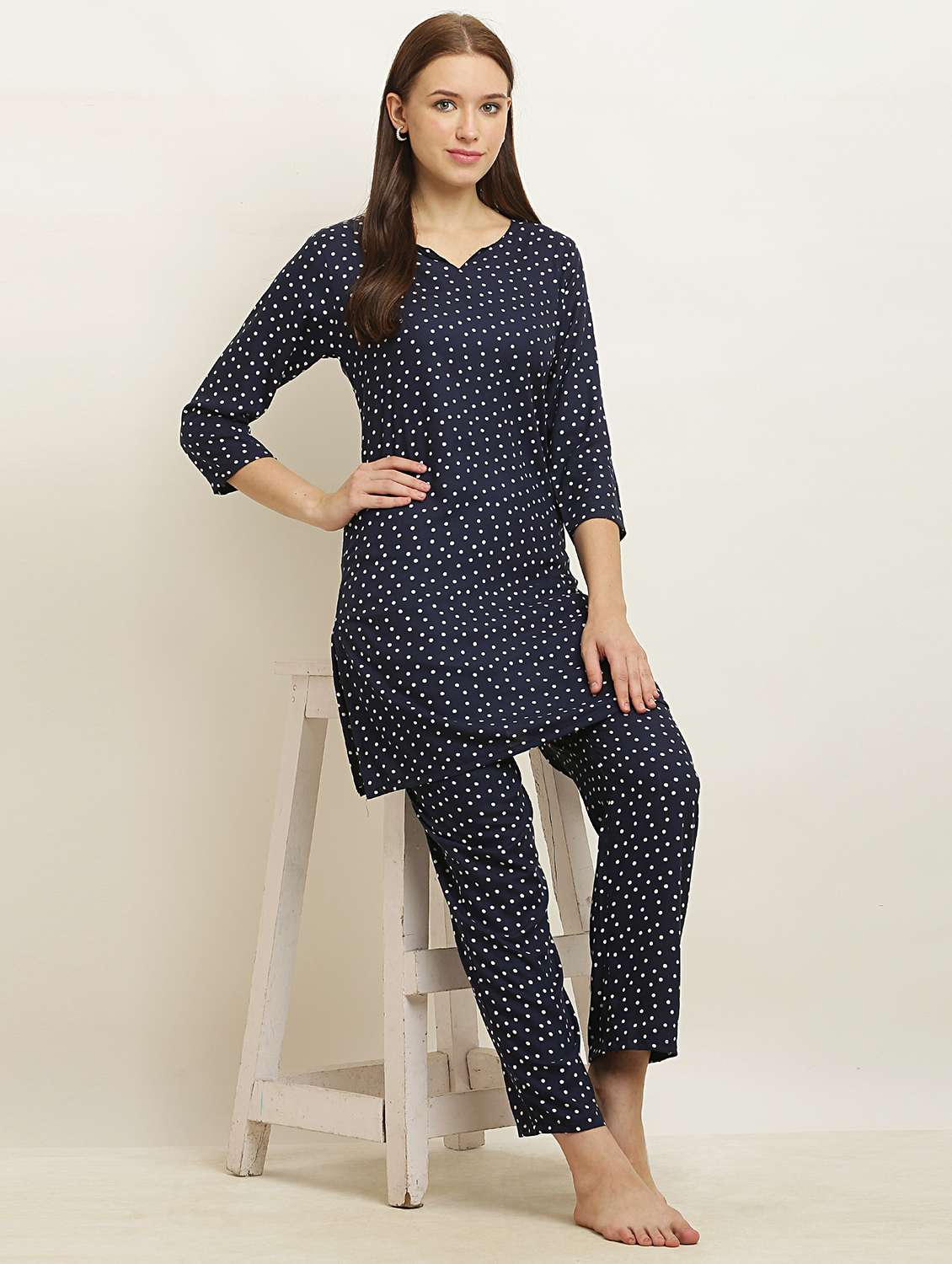 women notch neck polka dot pyjama nightwear set - 20968018 -  Standard Image - 3