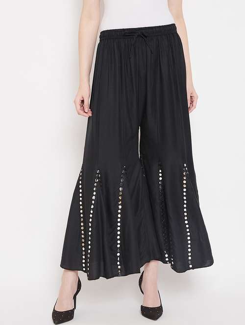 women full length solid with work flared palazzo - 20968110 -  Standard Image - 0