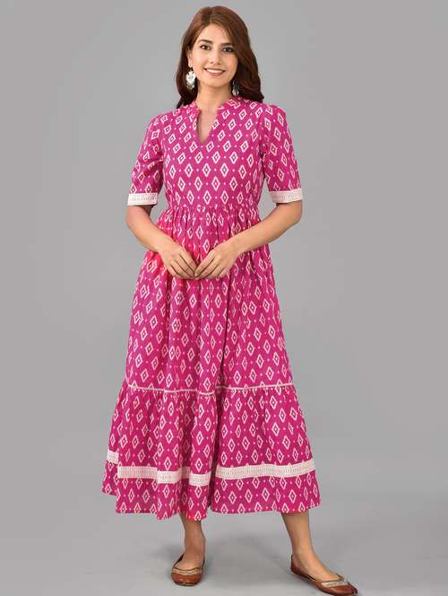 women pink mandarin neck flared dress - 20968124 -  Standard Image - 0