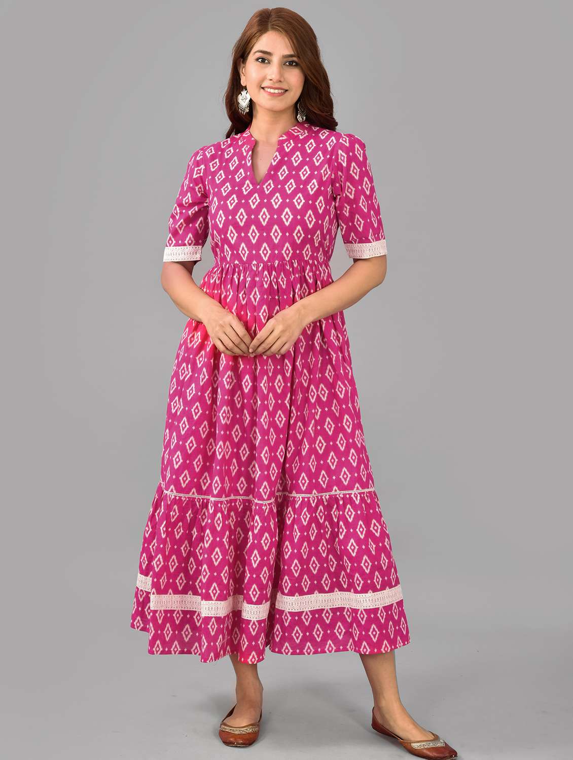 women pink mandarin neck flared dress - 20968124 -  Zoom Image - 0
