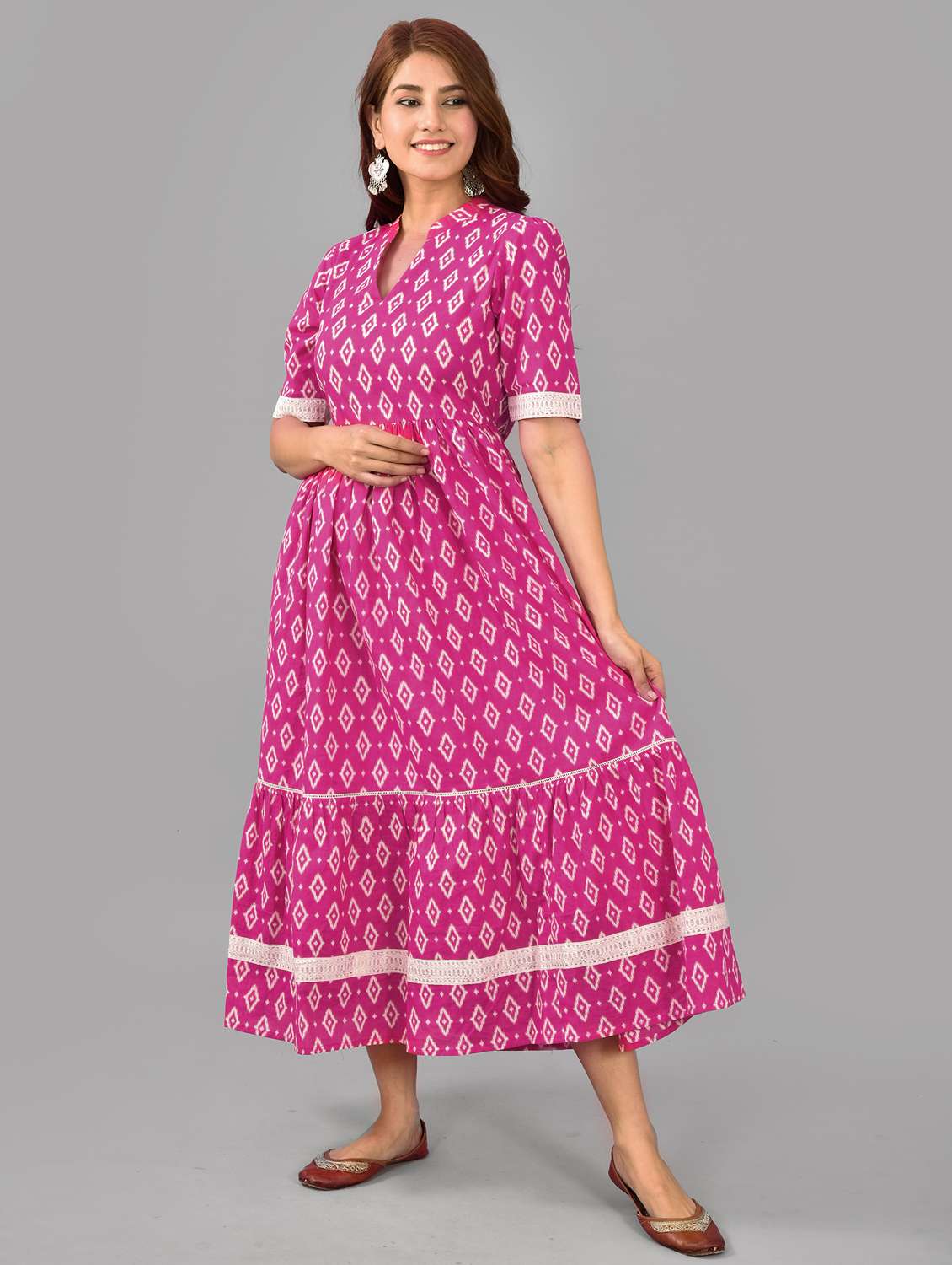 women pink mandarin neck flared dress - 20968124 - Standard Image - 3