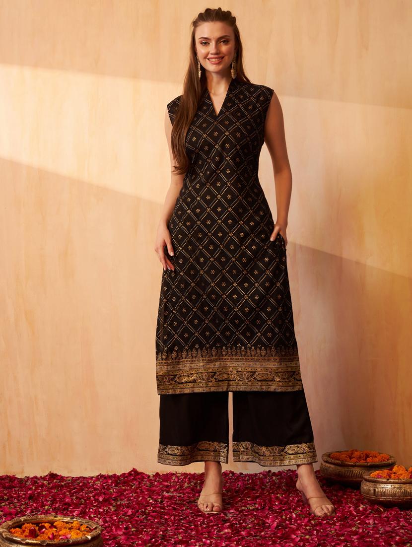 black bandhani printed kurta palazzo set set - 20968689 - Zoom Image - 0