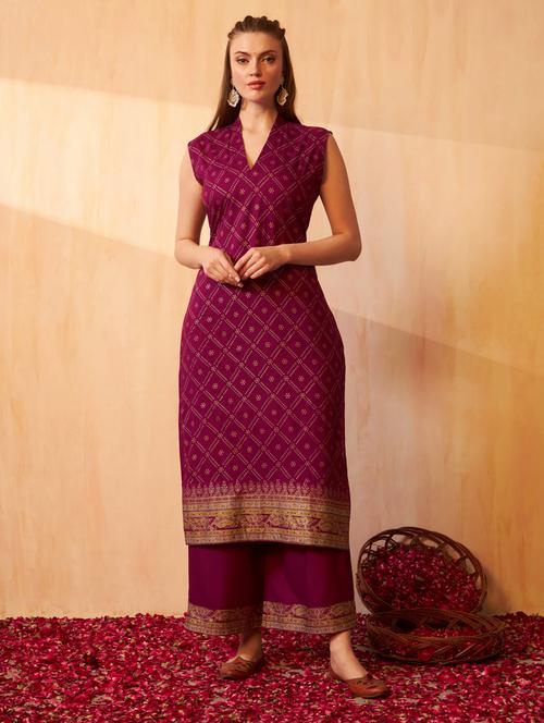 purple bandhani kurta palazzo set set - 20968690 - Standard Image - 0