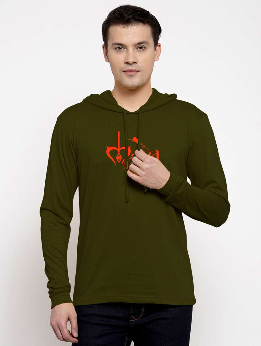 men hood neck chest printed t-shirt