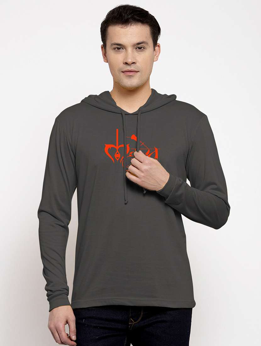 men hood neck chest printed t-shirt