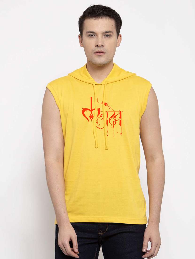 men hood neck chest printed t-shirt