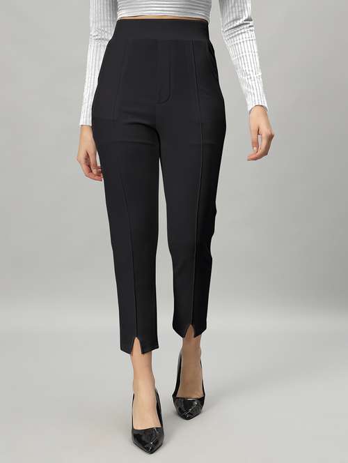 women solid black pleated trouser