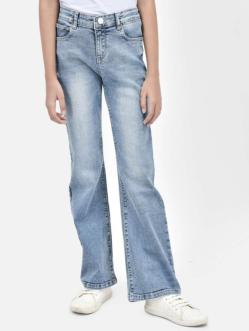 solid light blue cotton blend bootcut jeans