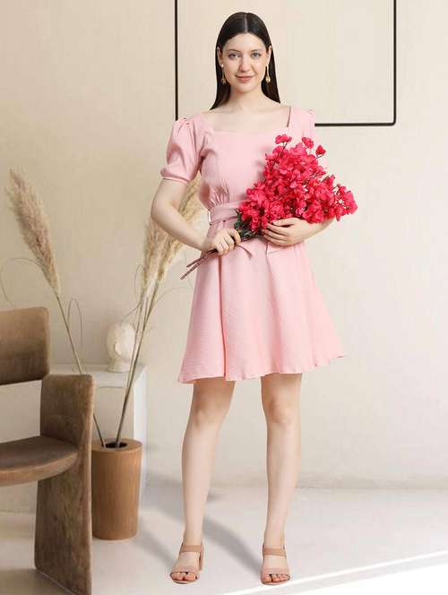 women square neck solid fit & flare dress - 20969651 - Standard Image - 0