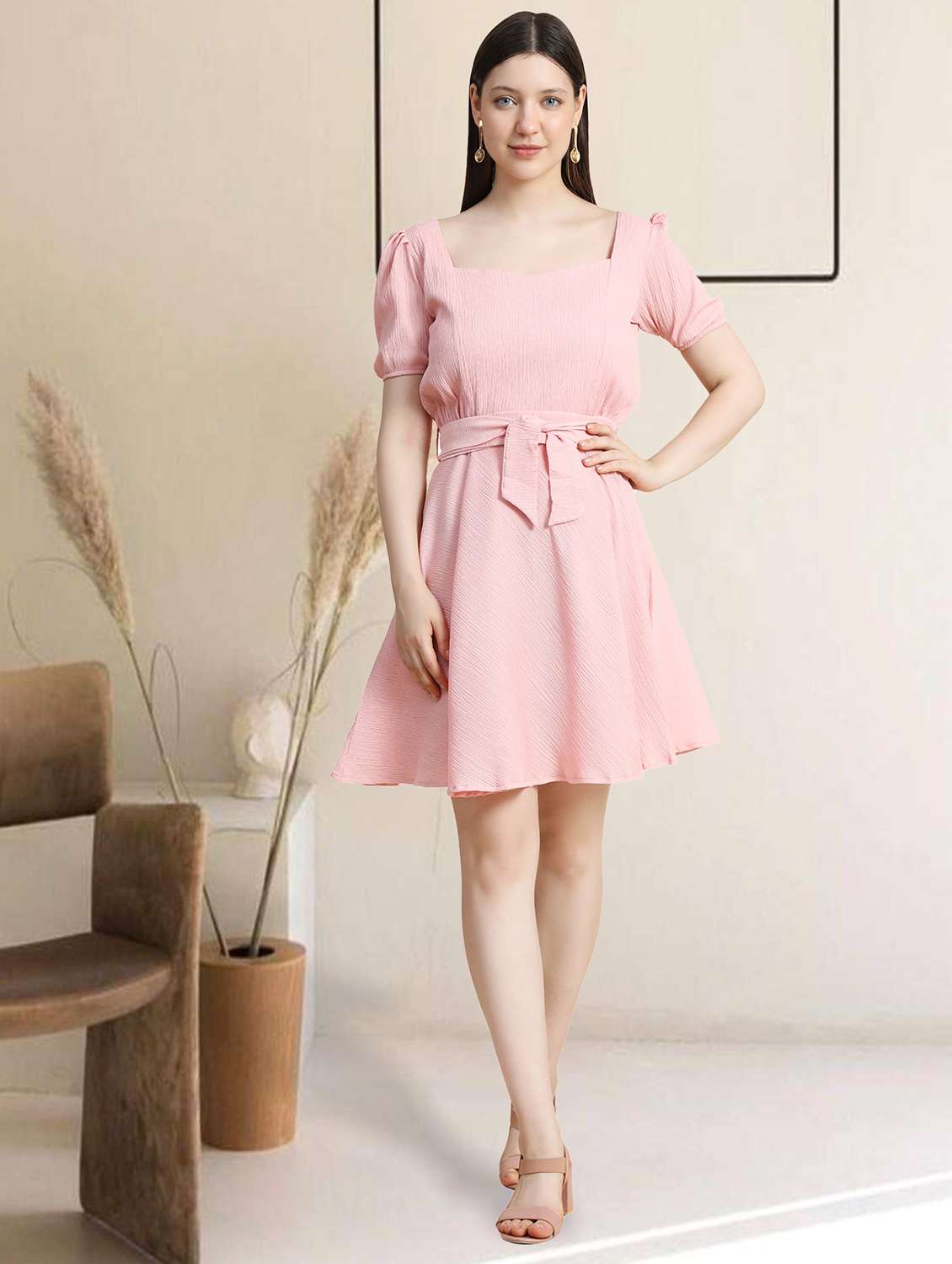women square neck solid fit & flare dress - 20969651 - Standard Image - 3