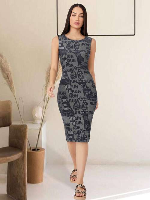 Black Typographic Printed Bodycon Dress