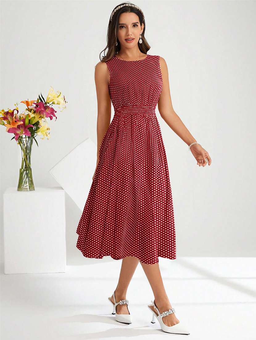 women maroon polka dot fit & flare dress