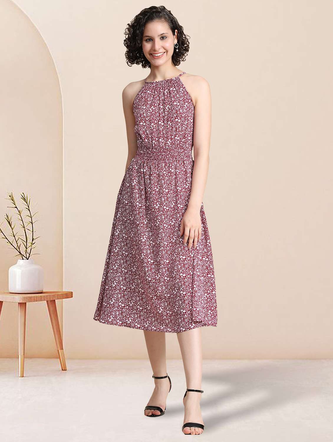 maroon floral printed fit & flare dress