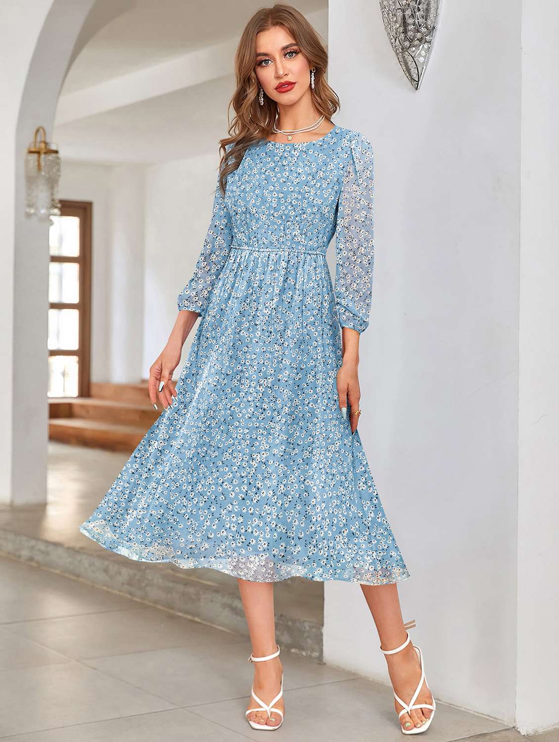 women light blue floral printed fit flare dress