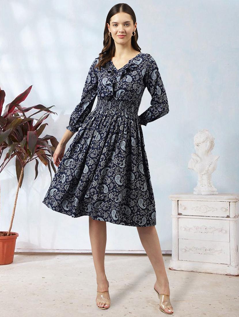 women navy blue paisley printed fit & flare dress