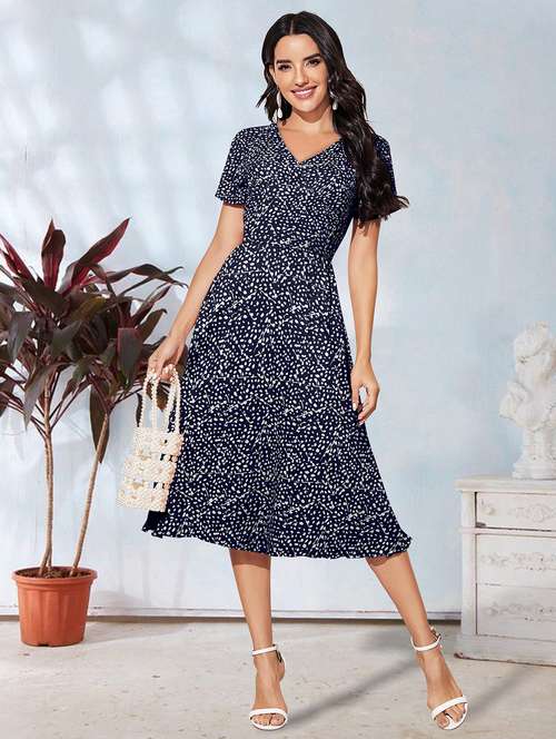 women navy-blue printed fit & flare dress - 20969713 -  Standard Image - 0
