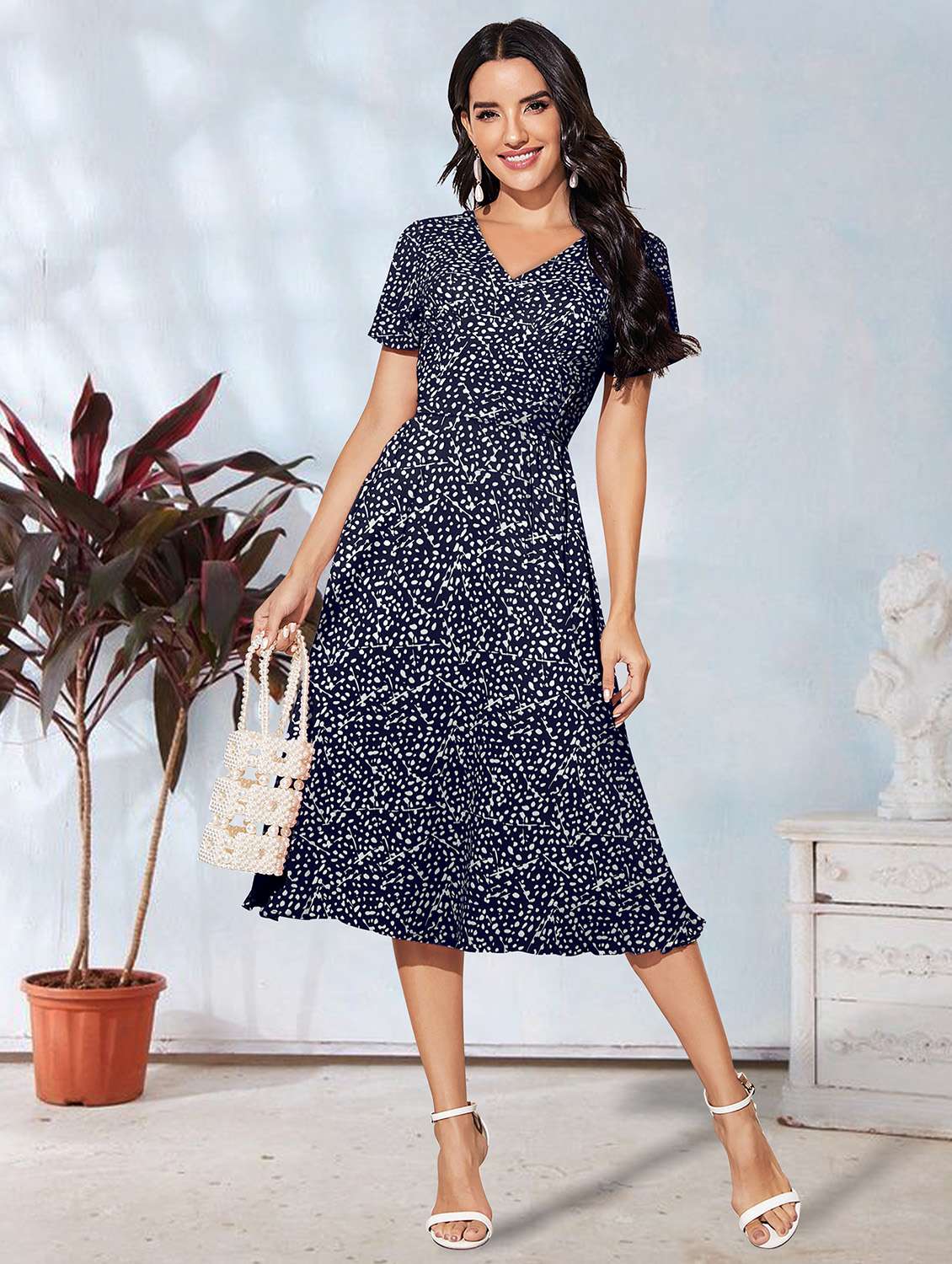 women navy-blue printed fit & flare dress