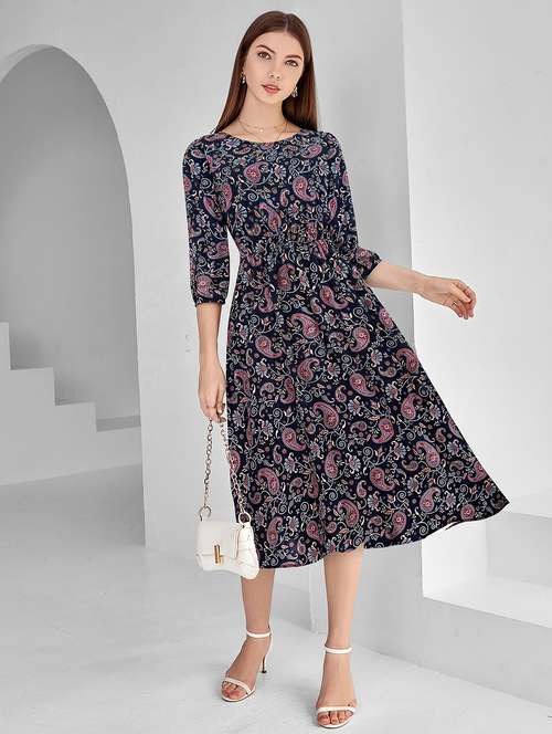 women navy blue paisley printed fit & flare dress - 20969714 -  Standard Image - 0