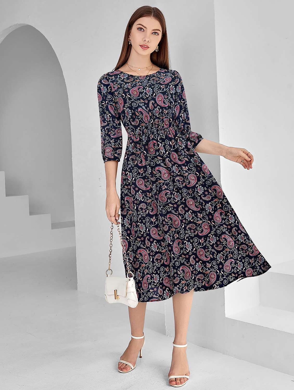women navy blue paisley printed fit & flare dress