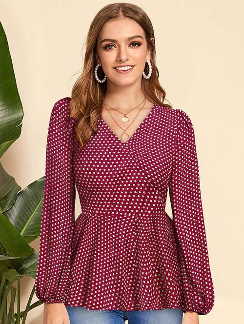 women v-neck polka dots peplum top - 20969738 -  Standard Image - 0