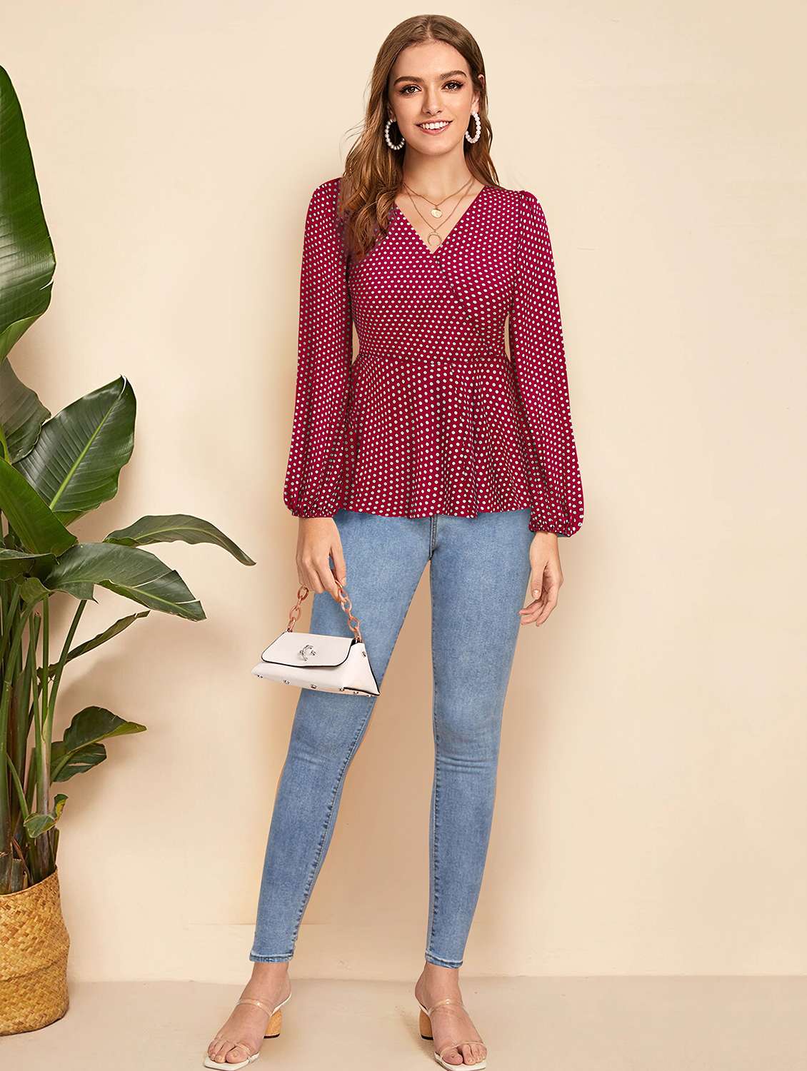 women v-neck polka dots peplum top - 20969738 - Standard Image - 3