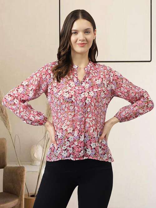 women mandarin neck floral printed straight top - 20969753 - Standard Image - 0